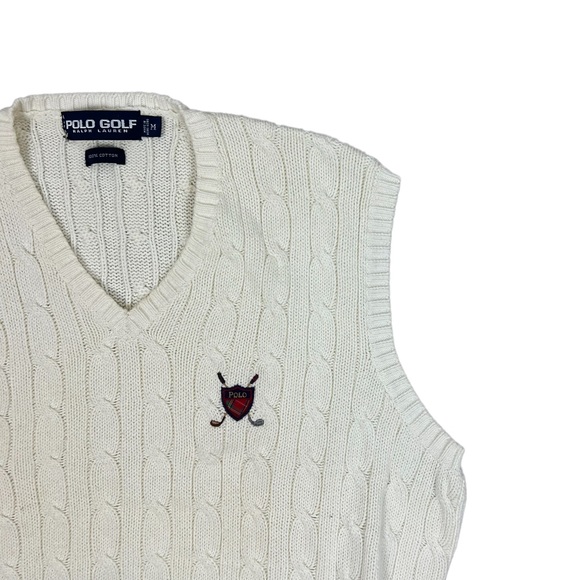 Vtg Polo Ralph Lauren Golf Club Crest Shield V-Neck Cable Knit Sweater Vest Sz M - Picture 2 of 5
